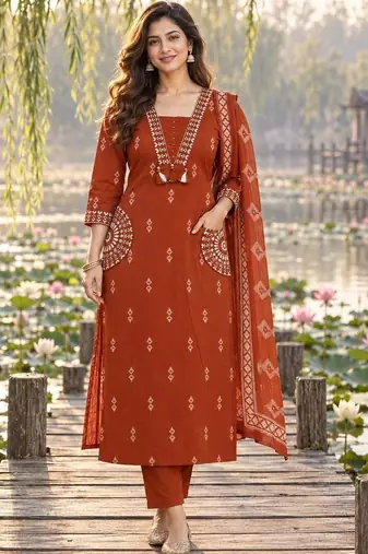 women ethnic motifs printed regular mirror work  cotton kurta with trousers & with dupatta