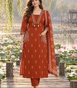women ethnic motifs printed regular mirror work  cotton kurta with trousers & with dupatta