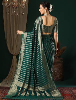 Teal teal striped  georgette zari kanjeevaram saree 3