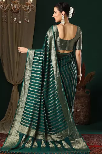 Teal teal striped  georgette zari kanjeevaram saree