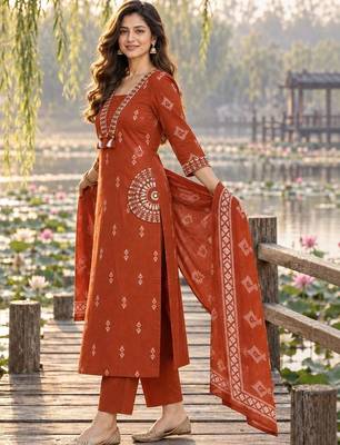 women ethnic motifs printed regular mirror work  cotton kurta with trousers & with dupatta 2
