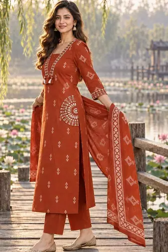 women ethnic motifs printed regular mirror work  cotton kurta with trousers & with dupatta