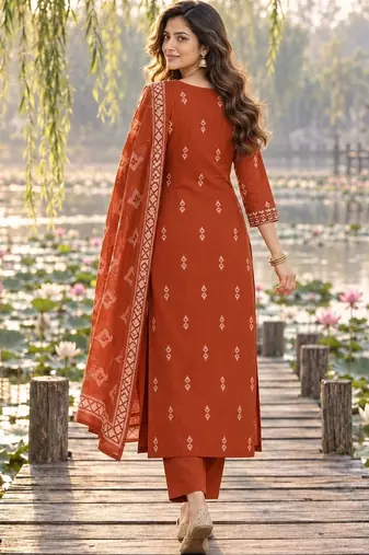 women ethnic motifs printed regular mirror work  cotton kurta with trousers & with dupatta