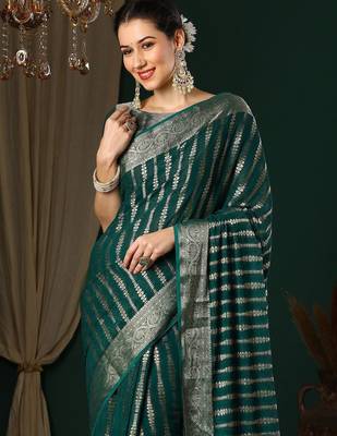 Teal teal striped  georgette zari kanjeevaram saree 4