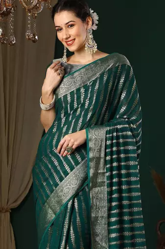 Teal teal striped  georgette zari kanjeevaram saree