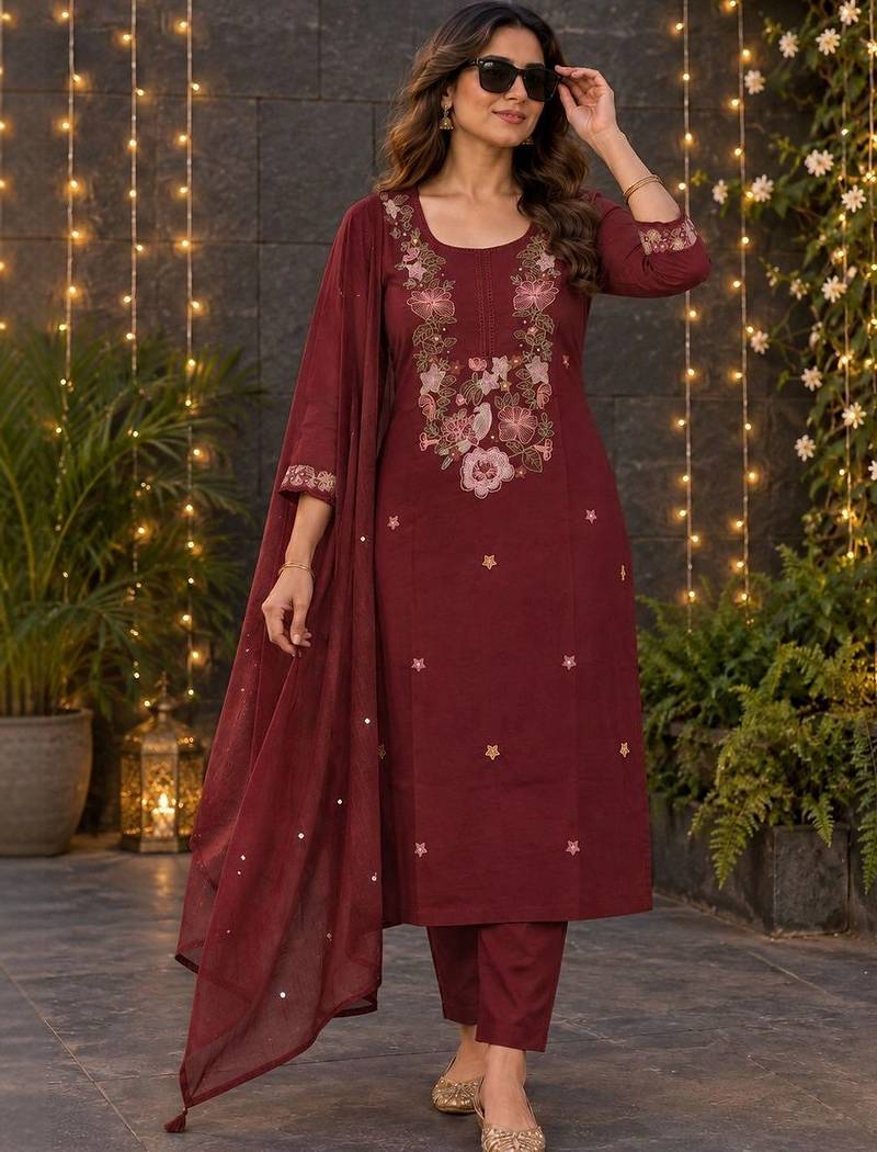 women ethnic motifs embroidered regular thread work  cotton kurta with trousers & with