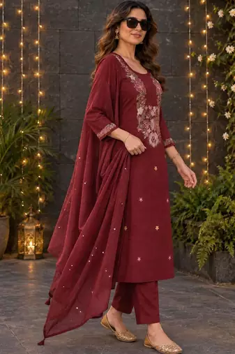 women ethnic motifs embroidered regular thread work  cotton kurta with trousers & with