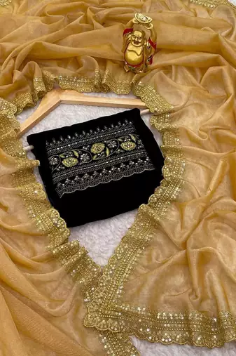 Gold sequinned net designer saree