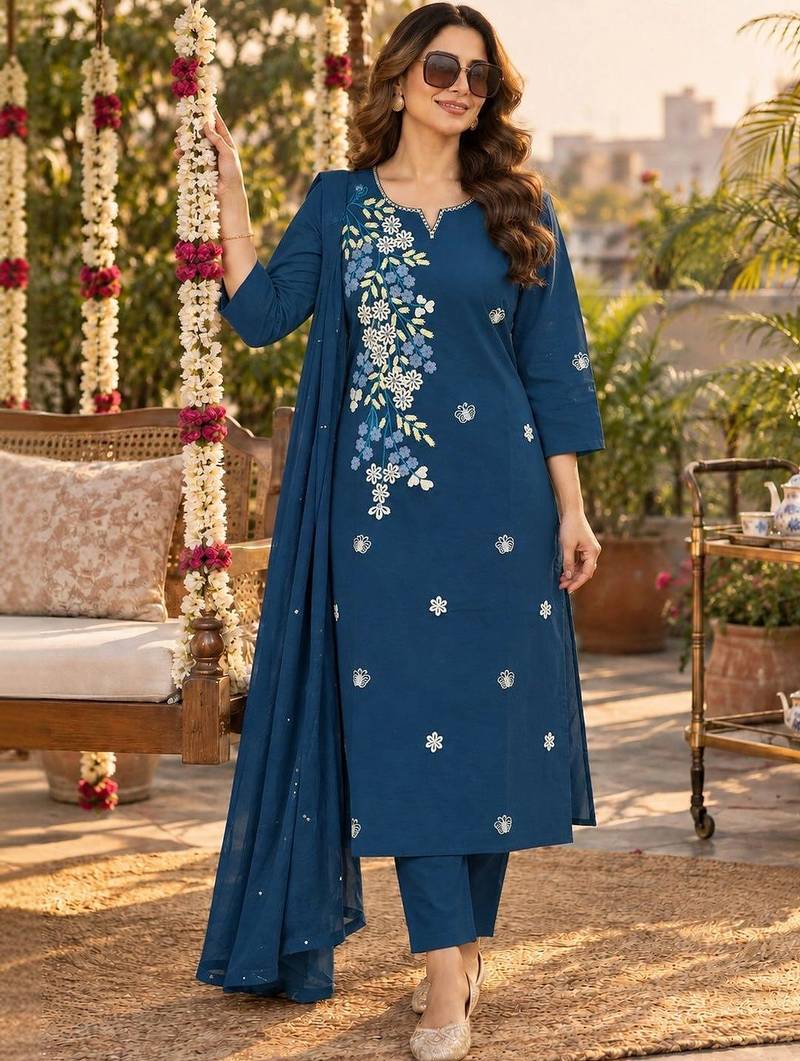 women floral embroidered regular thread work  cotton kurta with trousers & with dupatta