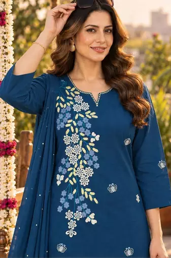 women floral embroidered regular thread work  cotton kurta with trousers & with dupatta