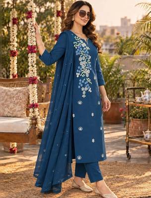 women floral embroidered regular thread work  cotton kurta with trousers & with dupatta 4