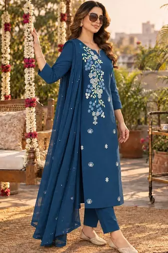 women floral embroidered regular thread work  cotton kurta with trousers & with dupatta