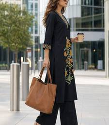 women floral embroidered regular thread work  cotton kurta with palazzos