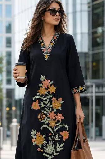women floral embroidered regular thread work  cotton kurta with palazzos