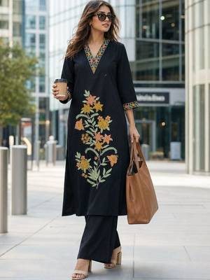 women floral embroidered regular thread work  cotton kurta with palazzos 1