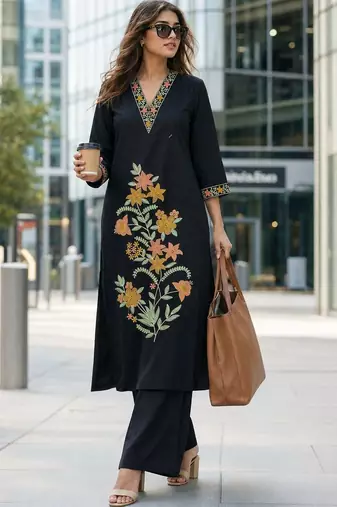 women floral embroidered regular thread work  cotton kurta with palazzos
