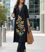 women floral embroidered regular thread work  cotton kurta with palazzos