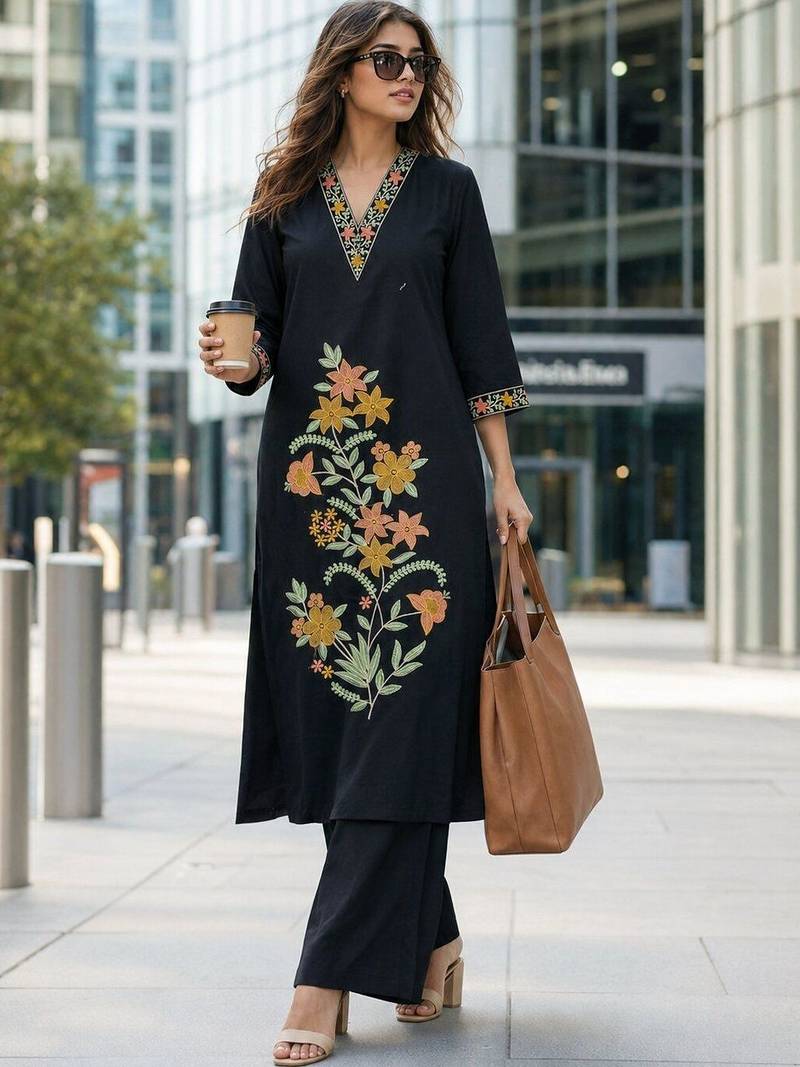 women floral embroidered regular thread work  cotton kurta with palazzos