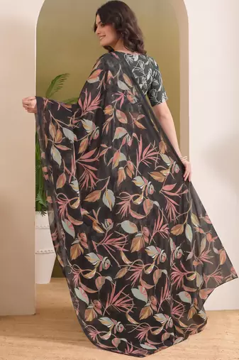 Black abstract printed pure georgette ready to wear saree