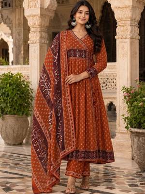 women ethnic motifs printed angrakha  cotton kurta with trousers & with dupatta 1
