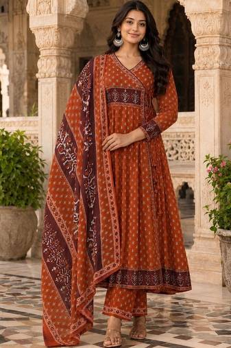 women ethnic motifs printed angrakha  cotton kurta with trousers & with dupatta