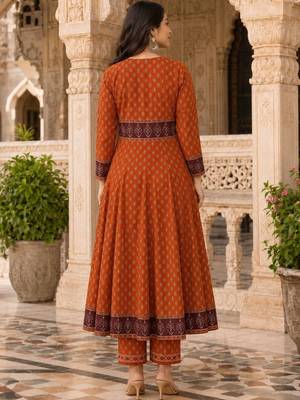 women ethnic motifs printed angrakha  cotton kurta with trousers & with dupatta 2