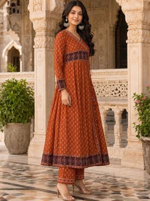 women ethnic motifs printed angrakha  cotton kurta with trousers & with dupatta 3