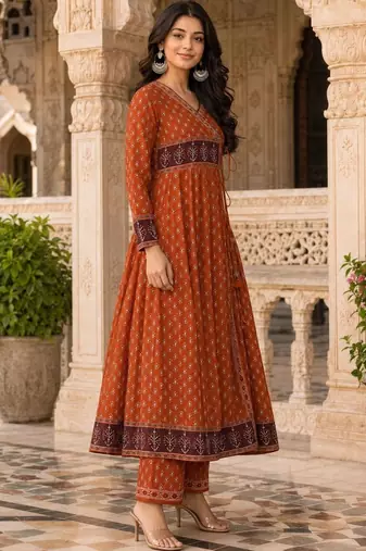 women ethnic motifs printed angrakha  cotton kurta with trousers & with dupatta
