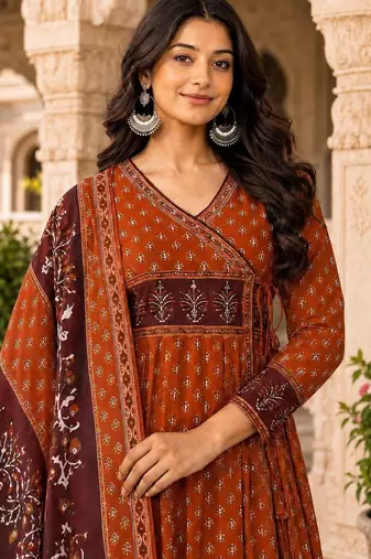 women ethnic motifs printed angrakha  cotton kurta with trousers & with dupatta