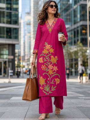 women floral embroidered regular thread work  cotton kurta with palazzos 1