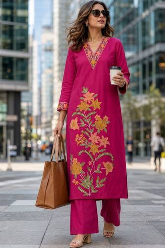women floral embroidered regular thread work  cotton kurta with palazzos