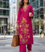 women floral embroidered regular thread work  cotton kurta with palazzos