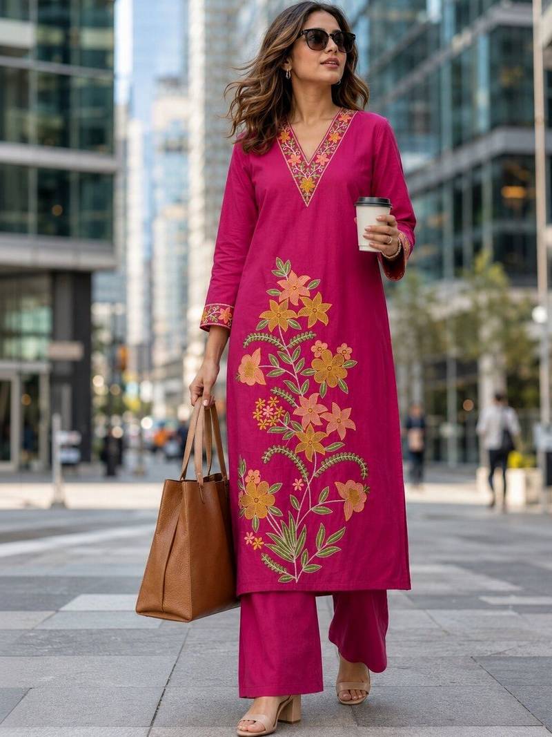 women floral embroidered regular thread work  cotton kurta with palazzos