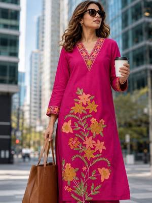 women floral embroidered regular thread work  cotton kurta with palazzos 2