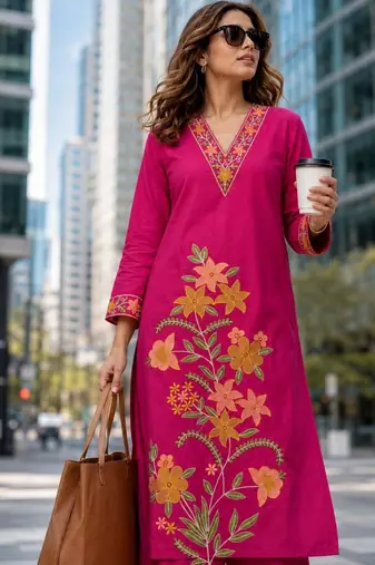 women floral embroidered regular thread work  cotton kurta with palazzos