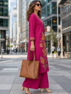 women floral embroidered regular thread work  cotton kurta with palazzos 3