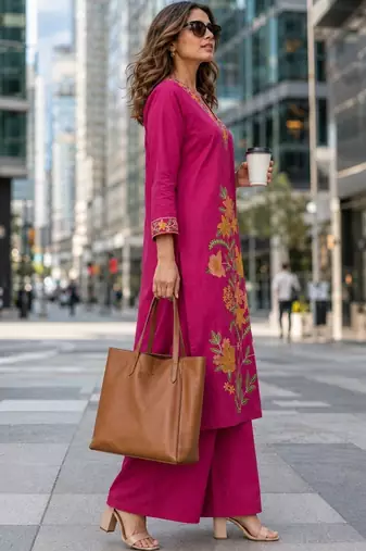 women floral embroidered regular thread work  cotton kurta with palazzos