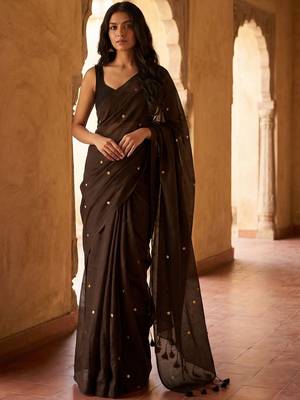 Brown embellished zari  cotton khadi saree 1
