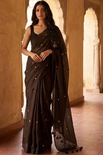 Brown embellished zari  cotton khadi saree