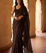 Brown embellished zari  cotton khadi saree