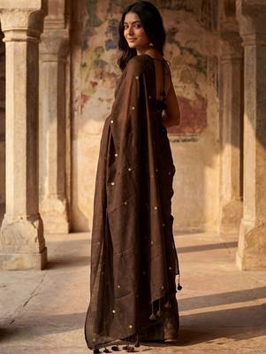 Brown embellished zari  cotton khadi saree 2