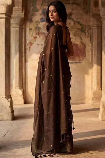 Brown embellished zari  cotton khadi saree