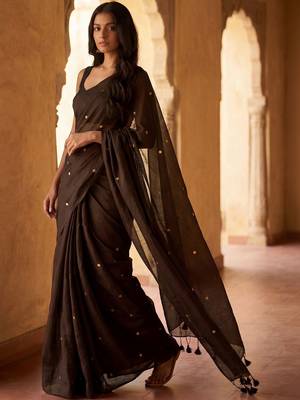 Brown embellished zari  cotton khadi saree 3