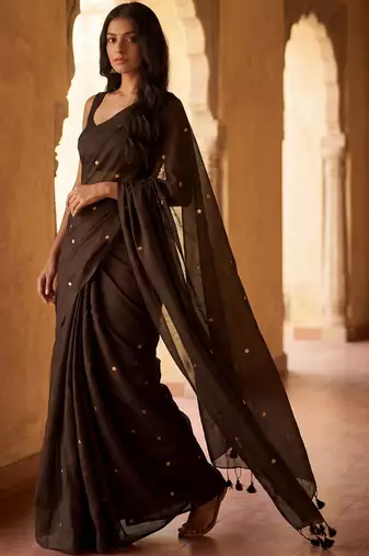 Brown embellished zari  cotton khadi saree