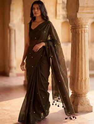 Brown embellished zari  cotton khadi saree 4