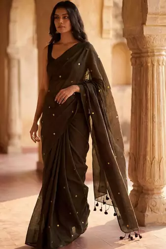 Brown embellished zari  cotton khadi saree