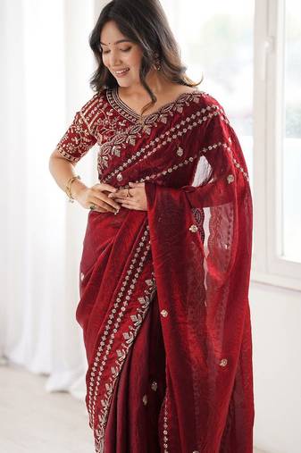 Maroon maroon embellished embroidered satin heavy work saree unstiched blouse