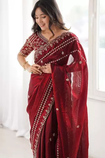 Maroon maroon embellished embroidered satin heavy work saree unstiched blouse