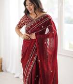 Maroon maroon embellished embroidered satin heavy work saree unstiched blouse