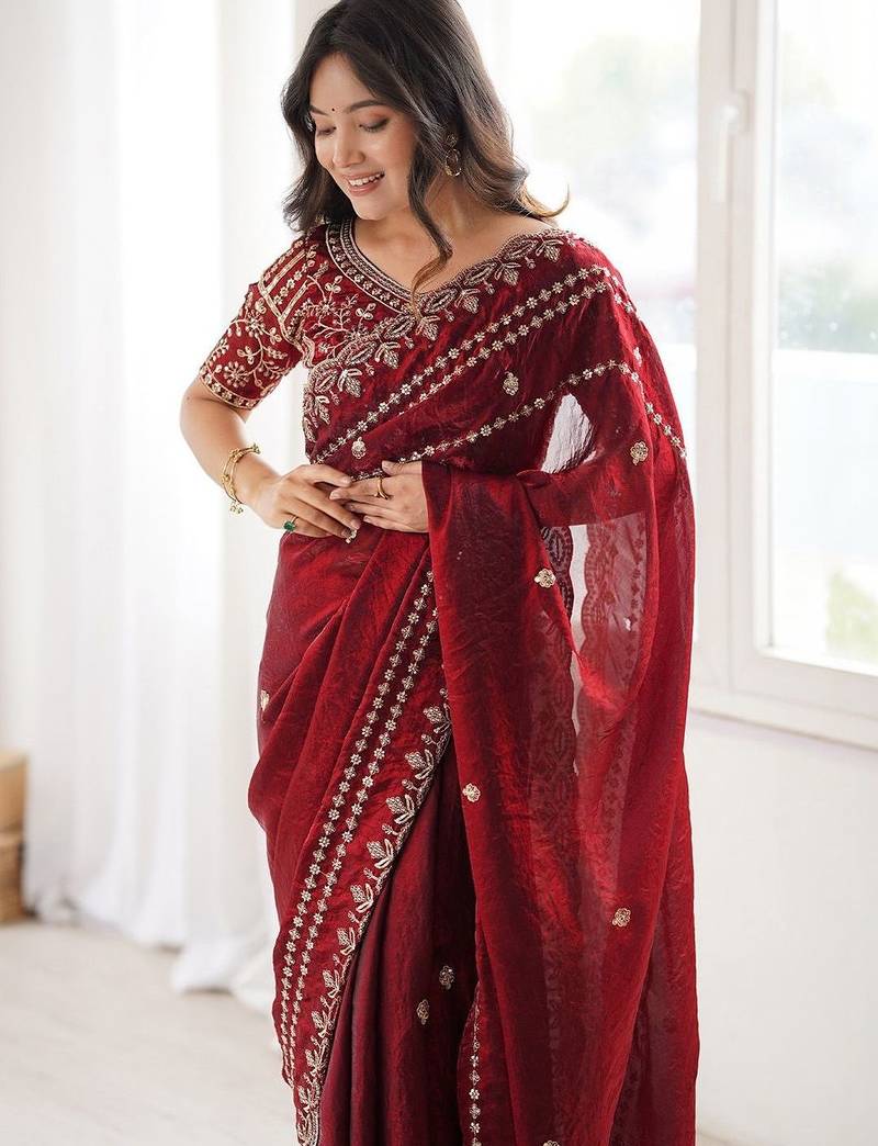 Maroon maroon embellished embroidered satin heavy work saree unstiched blouse